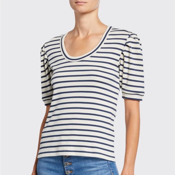 Veronica Beard Tops - Veronica Beard Cream and Navy Striped Puff-Sleeve Knit Top